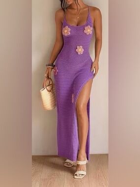 Purple Crochet Floral Appliqué Backless Maxi Dress Size M